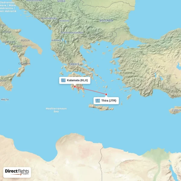 Kalamata - Thira direct flight map