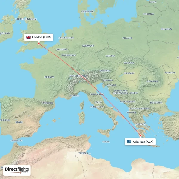 Kalamata - London direct flight map