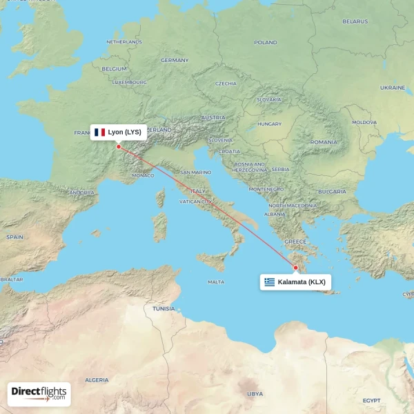 Kalamata - Lyon direct flight map