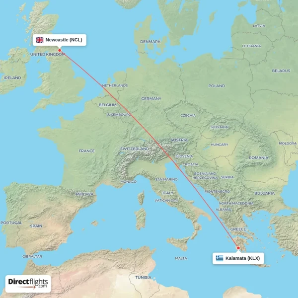 Kalamata - Newcastle direct flight map