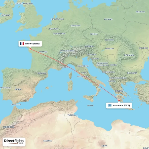 Kalamata - Nantes direct flight map