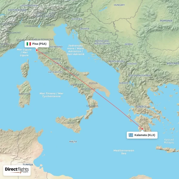 Kalamata - Pisa direct flight map