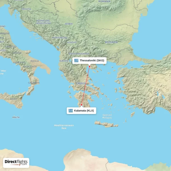 Kalamata - Thessaloniki direct flight map