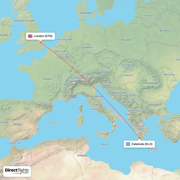 Kalamata - London direct flight map