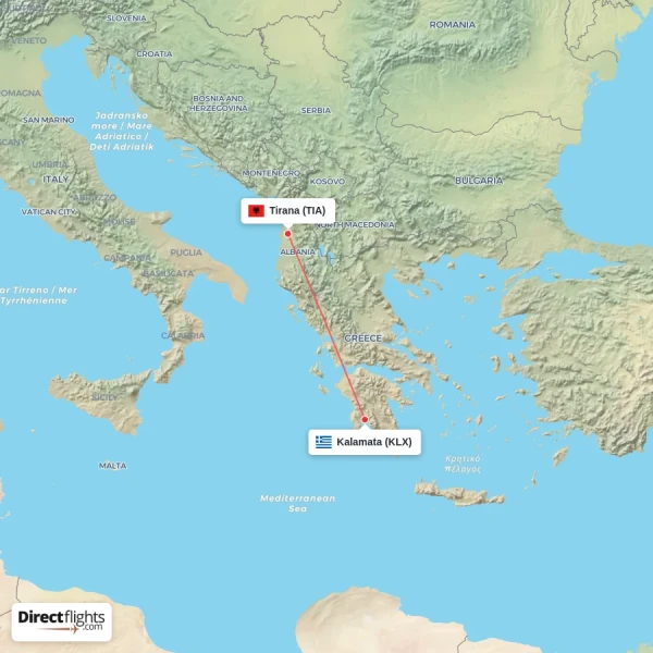 Kalamata - Tirana direct flight map