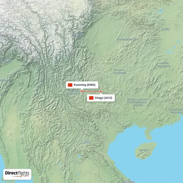 Kunming - Xingyi direct flight map