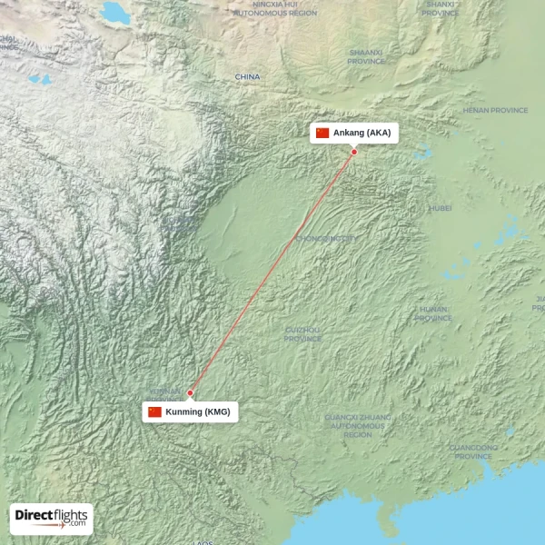 Kunming - Ankang direct flight map