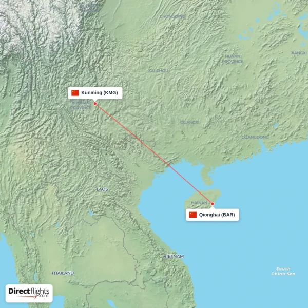 Kunming - Qionghai direct flight map