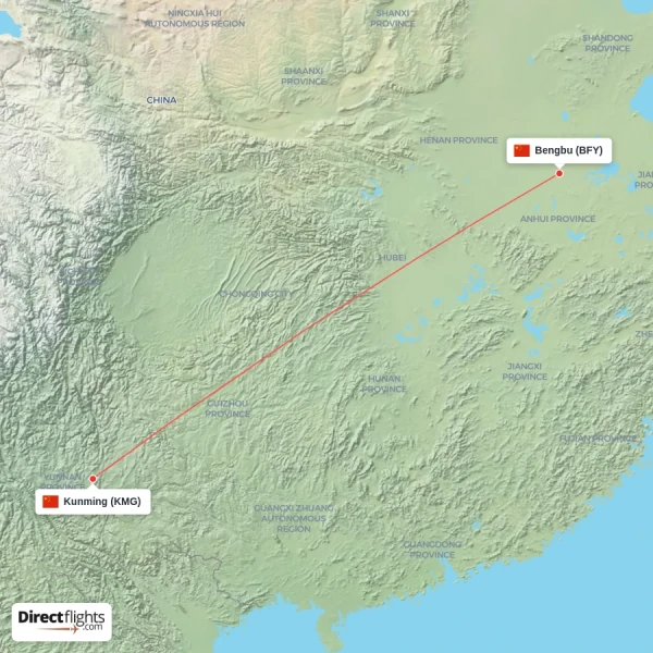 Kunming - Bengbu direct flight map