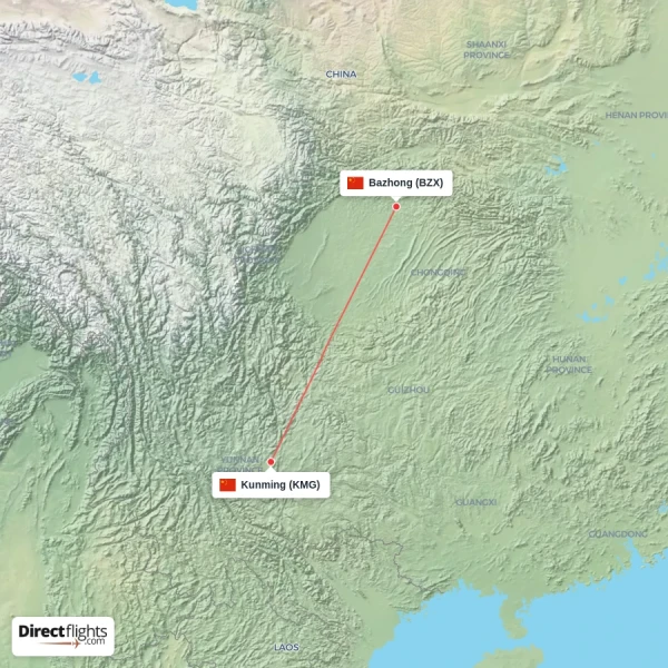Kunming - Bazhong direct flight map