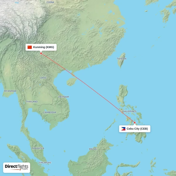 Kunming - Cebu City direct flight map