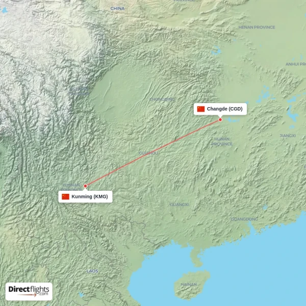 Kunming - Changde direct flight map
