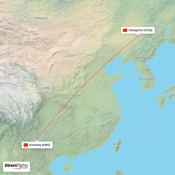 Kunming - Changchun direct flight map