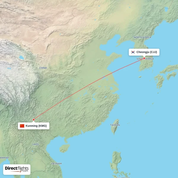 Kunming - Cheongju direct flight map