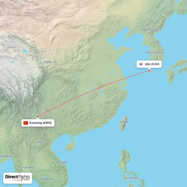 Kunming - Jeju direct flight map