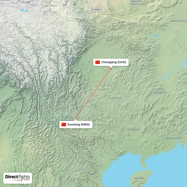 Kunming - Chongqing direct flight map