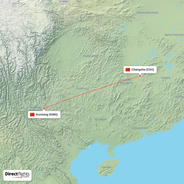 Kunming - Changsha direct flight map