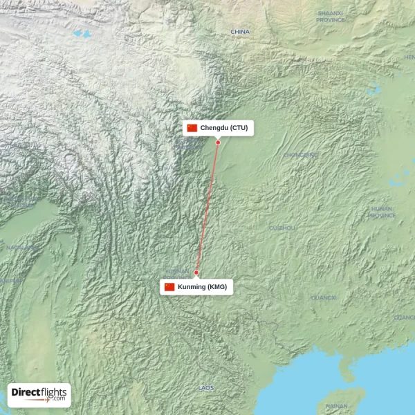 Kunming - Chengdu direct flight map
