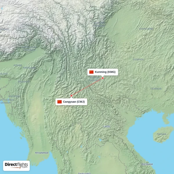 Kunming - Cangyuan direct flight map