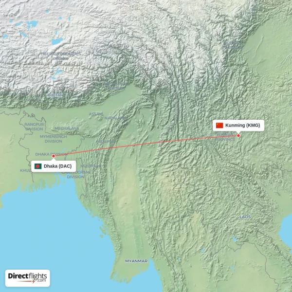 Kunming - Dhaka direct flight map
