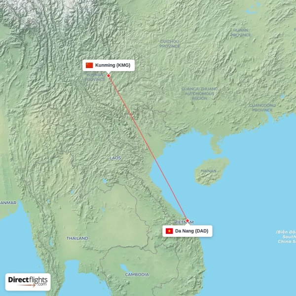 Kunming - Da Nang direct flight map