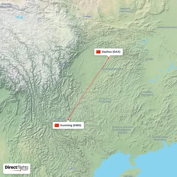 Kunming - Dazhou direct flight map