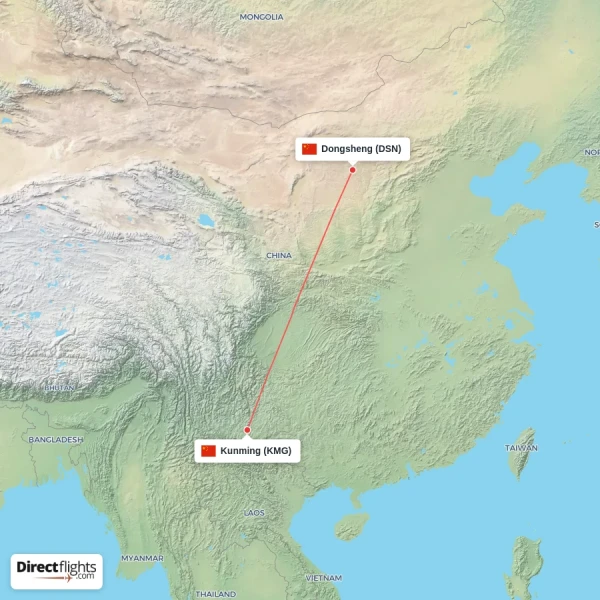 Kunming - Dongsheng direct flight map