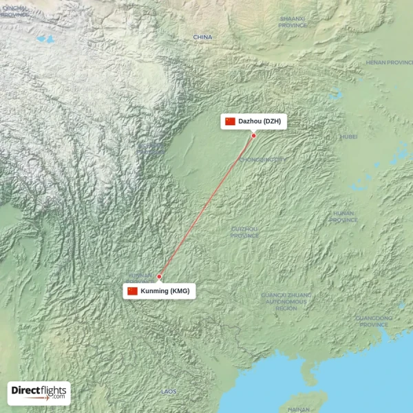 Kunming - Dazhou direct flight map