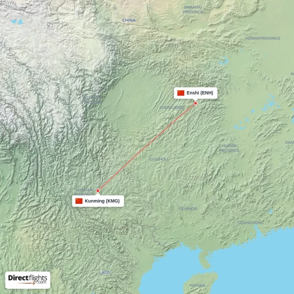 Kunming - Enshi direct flight map