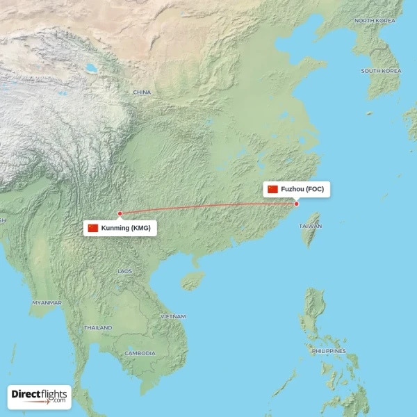 Kunming - Fuzhou direct flight map