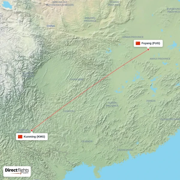 Kunming - Fuyang direct flight map