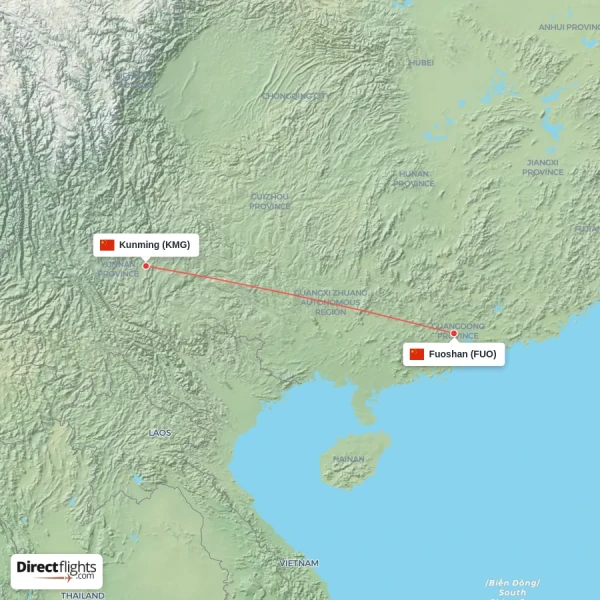 Kunming - Fuoshan direct flight map