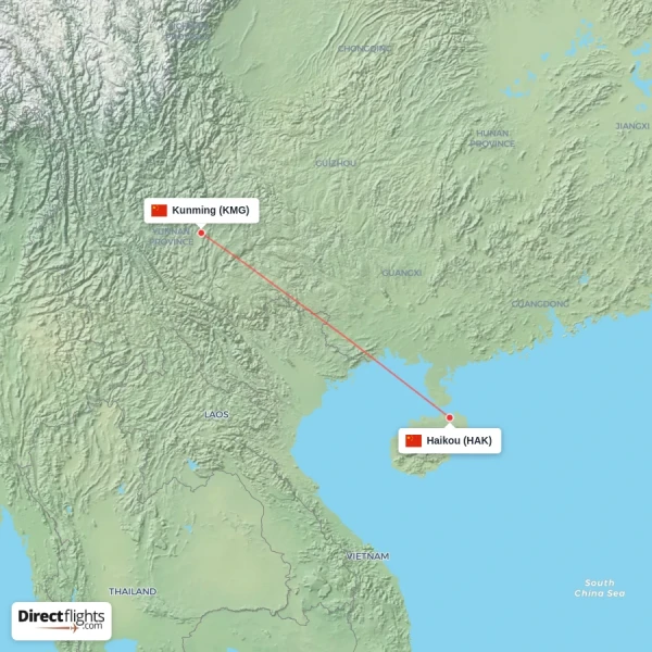 Kunming - Haikou direct flight map