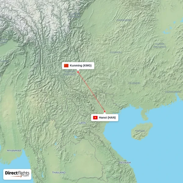 Kunming - Hanoi direct flight map