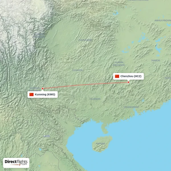 Kunming - Chenzhou direct flight map