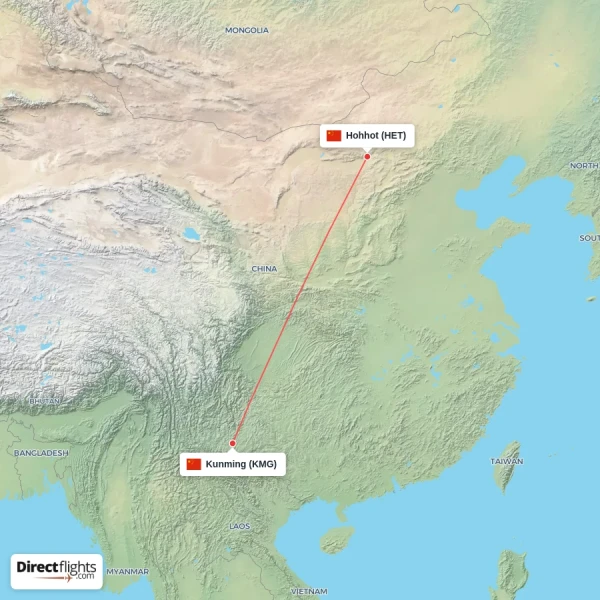 Kunming - Hohhot direct flight map
