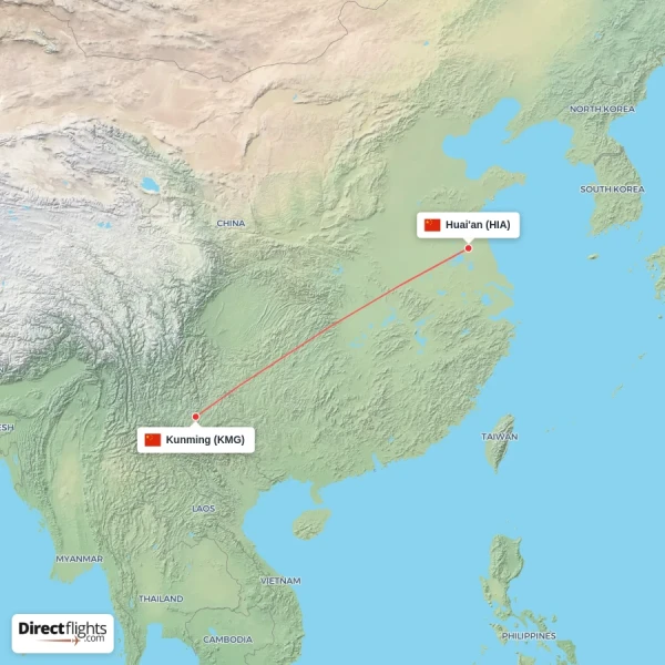 Kunming - Huai'an direct flight map