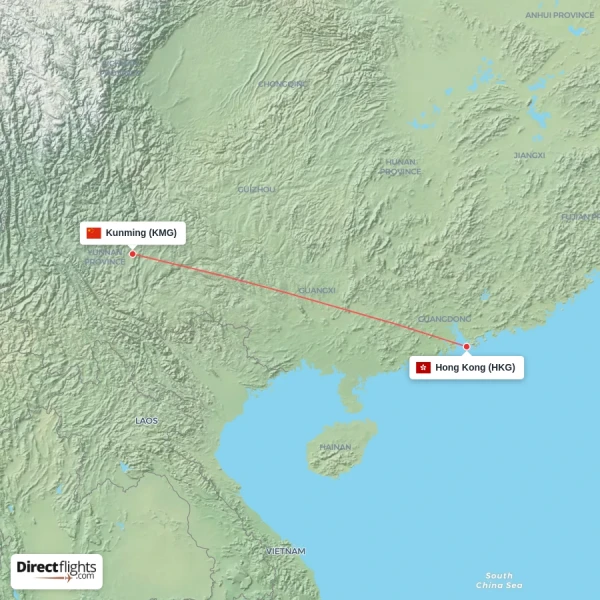 Kunming - Hong Kong direct flight map