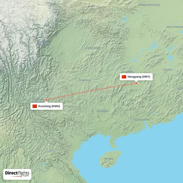 Kunming - Hengyang direct flight map