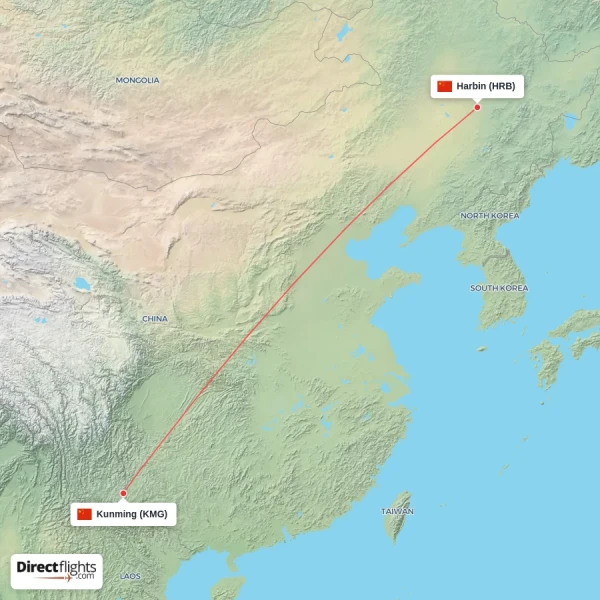 Kunming - Harbin direct flight map