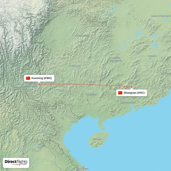 Kunming - Shaoguan direct flight map