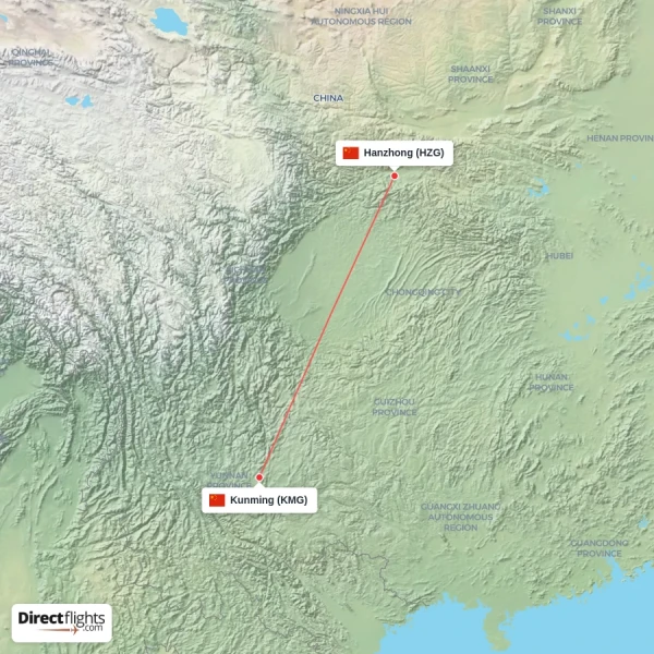 Kunming - Hanzhong direct flight map