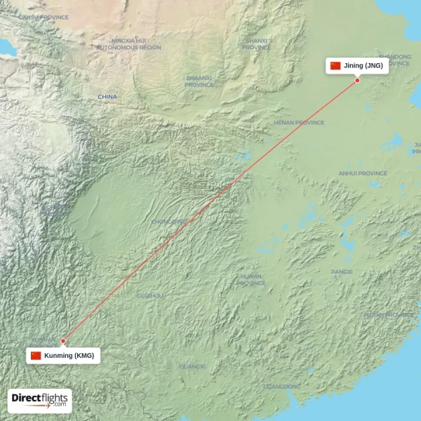 Kunming - Jining direct flight map