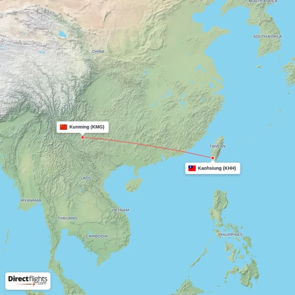 Kunming - Kaohsiung direct flight map