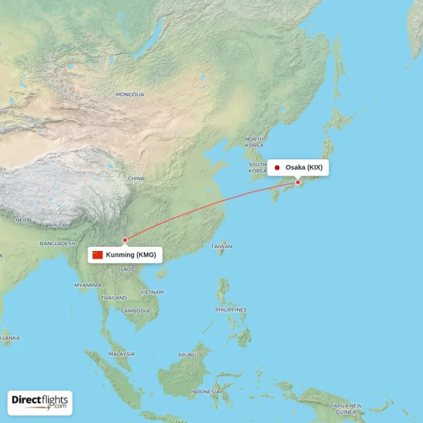 Kunming - Osaka direct flight map