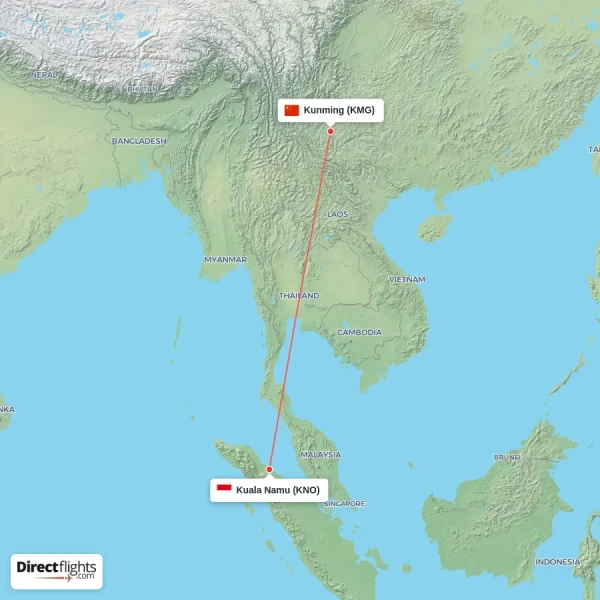 Kunming - Kuala Namu direct flight map