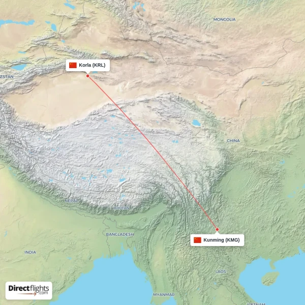 Kunming - Korla direct flight map