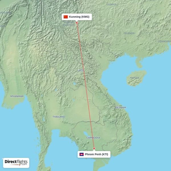Kunming - Phnom Penh direct flight map