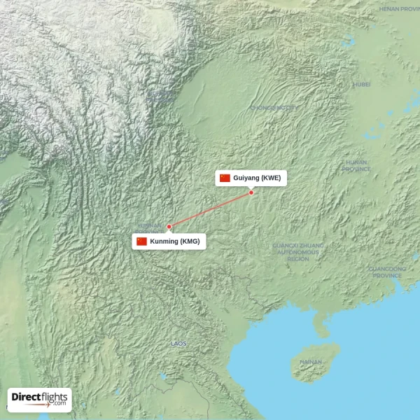 Kunming - Guiyang direct flight map