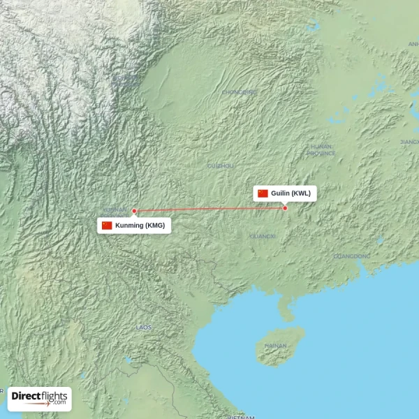 Kunming - Guilin direct flight map